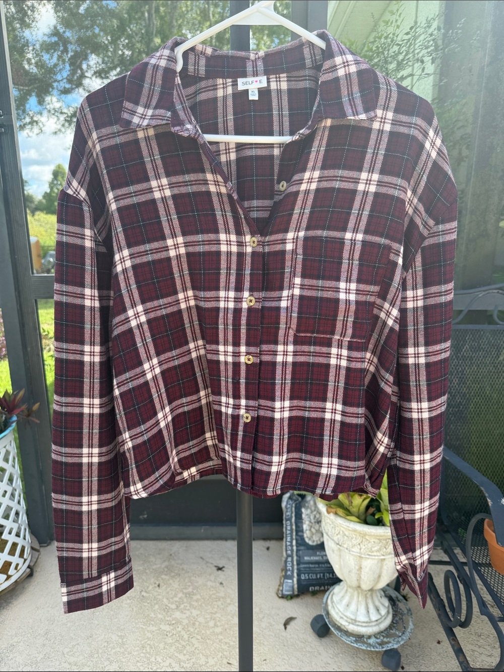 Self Esteem Maroon and Cream Plaid Button-Up crop Jacket